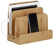 Ładowarki do telefonów - Relaxdays stacja ładująca z bambusa, stacja ładująca monitora, 3 półki, smartfonów, telefonów komórkowych, tabletów, HBT: 23 x 25,5 x 13,5 cm, kolor naturalny 10020606 - miniaturka - grafika 1