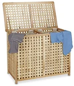 Kosze na bieliznę - Relaxdays Torba na pranie Duo  orzech włoski szerokość skrzynia na pranie HBT 46,1 x 87,9 x 68,1 cm pranie urządzenie sortujące podwójne pranie pudełko pudełko drewniane z 2 len pufów worki na pranie,  10020155 - miniaturka - grafika 1