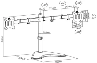 Digitus Stojak biurkowy podwójny z zaciskiem 2xLCD max. 32" max. Obciążenie 2x 8kg uchylno-obrotowy czarny DA-90401 - Uchwyty do monitorów - miniaturka - grafika 11