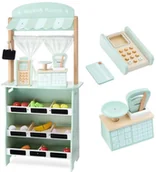 Zabawki interaktywne dla dzieci - Mamabrum Duży, drewniany sklep - stragan i teatr 2w1 z wagą, terminalem płatniczym, warzywami i owocami MARKET CA1208 - miniaturka - grafika 1