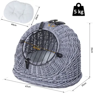 PawHut Domek dla Kota Łóżko Koszyk z Poduszką Transporter Wiklina Szary - Legowiska dla kotów - miniaturka - grafika 2