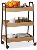 Wózki serwisowe - Relaxdays wózek do serwowania z bambusa, 3 półki, kółka obracane o 360°, z uchwytami, stalowa rama, wys. x szer. x gł.: 70 x 49 x 28 cm, kolor naturalny/czarny - miniaturka - grafika 1