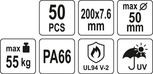 Yato OPASKI PLASTIKOWE 200X7,6 50SZT CZARNE - Inne mocowania - miniaturka - grafika 6