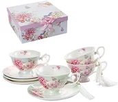 Serwisy do kawy i herbaty - London Boutique Kawa Filiżanka i spodek do herbaty Zestaw 4 Shabby Chic Vintage ptak motyl porcelanowego Flora prezent-Box, 11x8cm - miniaturka - grafika 1