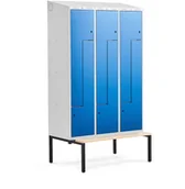 Meble do szkół i przedszkoli - AJ Produkty Szafka ubraniowa typu Z, CLASSIC, z ławką, 3 moduły, 6 drzwi, 2290x1200x550 mm, niebieski - miniaturka - grafika 1