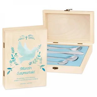 Murrano Zestaw Sztućców Dla Dzieci W Drewnianym Etui Nadruk Gołąb Chrzest SZT-ANIMALS_DRW-UV-013 - Sztućce dla dzieci - miniaturka - grafika 2