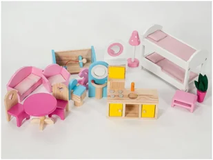 Mamabrum Duży drewniany 3-piętrowy domek dla lalek z tarasem zestawem mebli i oświetleniem LED DOMEK W06A405 - Domki dla lalek - miniaturka - grafika 29