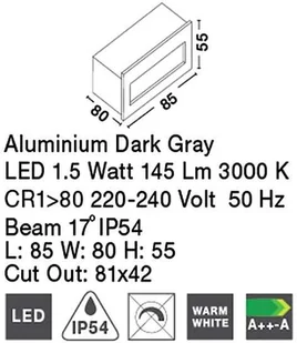 Lucide Podtynkowa LAMPA ścienna KRYPTON 726404 zewnętrzna OPRAWA schodowa LED 1,5W do zadudowy outdoor IP54 ciemnoszara 726404 - Lampy ogrodowe - miniaturka - grafika 3
