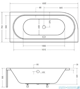 Besco Avita 170x75 wanna asymetryczna prawa + obudowa + syfon automatyczny ( #WAA-170-NP/OAA-170-NS/19975) - Wanny - miniaturka - grafika 2