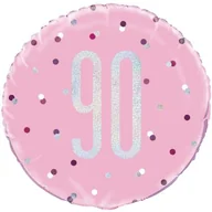 Balony i akcesoria - Unique Balon foliowy "90 Urodziny Glitz Grochy" UNIQUE różowy 18" CIR U83377 - miniaturka - grafika 1