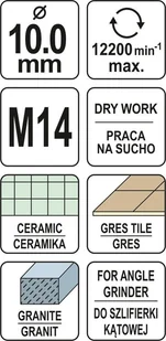 Yato DIAMENTOWE WIERTŁO DO GRESU 10MM DO WIERCENIA NA SUCHO SZLIFIERKĄ KĄTOWĄ YT-60443 - Wiertła - miniaturka - grafika 4