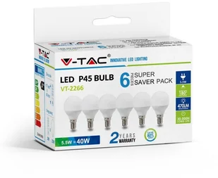 V-TAC Żarówka LED 5.5W E14 Kulka P45 (Opak. 6szt) VT-2266 2700K 470lm - Żarówki LED - miniaturka - grafika 3