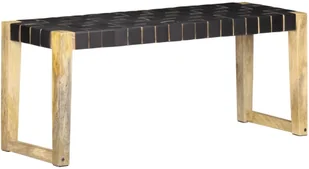 VidaXL Ławka, 110 cm, czarna skóra naturalna i lite drewno mango 321838 VidaXL - Ławki do przedpokoju - miniaturka - grafika 9