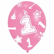 Baby shower i roczek - Amscan Balony lateksowe z cyfrą 1 nadruk na całej powierzchni27,5cm/11'' różowe 6 szt. INT995654 - miniaturka - grafika 1
