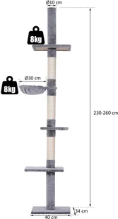 PawHut DRAPAK DRZEWKO DO WSPINANIA WIEŻA REGULACJA WYSOKOŚCI MOCOWANIE DO SUFITU drewno+sizal+plusz szary 40x30x(230260) cm - Drapaki dla kotów - miniaturka - grafika 2