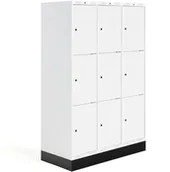 Meble do szkół i przedszkoli - AJ Produkty Szafka do szatni ROZ, 3 moduły, 9 drzwi, 1740x1200x550 mm, biały, z podstawą - miniaturka - grafika 1