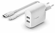 Ładowarki do telefonów - Belkin Boost Charge ładowarka sieciowa USB A, 24 W, z dwoma portami i kablem USB A/micro USB (do urządzeń takich jak smartfony, tablety, słuchawki bezprzewodowe, powerbanki i przenośne głośniki) WCE002vf1MWH - miniaturka - grafika 1
