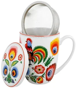 Duo Zestaw Kubek Porcelanowy z Zaparzaczem Wzory Ludowe Kwiaty Kogut 420 ml - Kubki - miniaturka - grafika 2