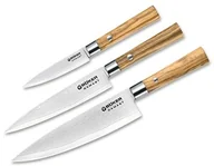 Noże kuchenne - Böker damast zestaw noży nóż kucharski, drewno oliwkowe, brązowa, 35 x 15 x 4 cm, 3-jednostek 130440SET - miniaturka - grafika 1