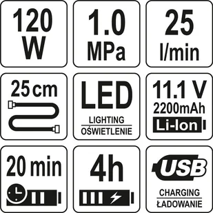Yato KOMPRESOR BEZPRZEWODOWY AKUMULATOROWY 120W Z LAMPĄ LED 150PSI 25 L/MIN LI-ION 11,1V 6000MAH USB - Sprężarki i kompresory Yato KOMPRESOR BEZPRZEWODOWY AKUMULATOROWY 120W Z LAMPĄ LED 150PSI 25 L/MIN LI-ION 11,1V 6000MAH USB - Sprężarki i kompresory - miniaturka - grafika 4