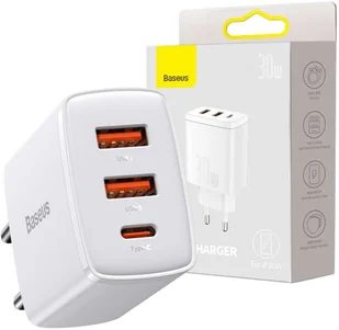Baseus Ładowarka  Ładowarka sieciowa Baseus Compact Quick Charger 2xUSB USB-C PD 3A 30W biała BSU2896WHT - Akcesoria do tabletów i e-booków - miniaturka - grafika 2