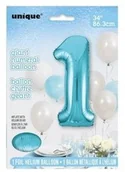 Balony i akcesoria - Unique Balon foliowy cyfra jeden 1 błękitna 86 cm 1 szt U54454 - miniaturka - grafika 1