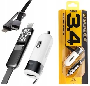 Remax ładowarka samochodowa 3.4A z kablem lightning micro USB biała 6954851238898 - Ładowarki samochodowe - miniaturka - grafika 2