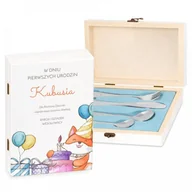 Sztućce dla dzieci - Murrano Zestaw Sztućców Dla Dzieci W Drewnianym Etui Nadruk Urodziny SZT-ANIMALS_DRW-UV-011 - miniaturka - grafika 1