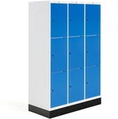Meble do szkół i przedszkoli - AJ Produkty Szafka do szatni ROZ, 3 moduły, 9 drzwi, 1740x1200x550 mm, niebieski, z podstawą - miniaturka - grafika 1