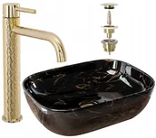 Umywalki - Rea Łazienka z wyobraźnią ZESTAW UMYWALKA BELINDA MARBLE SHINY LUNGO CZARNA KOREK U8907 B8821 A2360 - miniaturka - grafika 1
