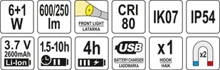Yato LAMPA WARSZTATOWA 6W COB 600LM + 250LM LI-ION 3.7V 2600MAH IK07 IP54 CRI80 - Oświetlenie warsztatowe Yato LAMPA WARSZTATOWA 6W COB 600LM + 250LM LI-ION 3.7V 2600MAH IK07 IP54 CRI80 - Oświetlenie warsztatowe - miniaturka - grafika 7