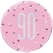 Balony i akcesoria - Unique Balon foliowy "90 Urodziny Glitz Grochy" UNIQUE różowy 18" CIR U83377 - miniaturka - grafika 1