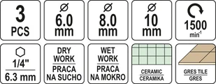 Yato ZESTAW DIAMENTOWYCH WIERTEŁ DO GRESU 3SZT HEX YT-60409 - Wiertła - miniaturka - grafika 4