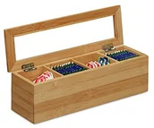 Pojemniki kuchenne - Relaxdays Tee-Box z bambusa, 4 kieszenie, wąski, okienko z tworzywa sztucznego, wys. x szer. x gł.: 9 x 30 x 9 cm, mały, podłużne, naturalny 10020542 - miniaturka - grafika 1