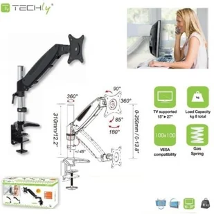 Techly Ramię biurkowe z amortyzatorem gazowym monitor 15-27cali 8kg srebrno-czarne - Uchwyty do monitorów - miniaturka - grafika 2