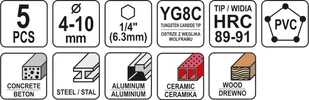 Yato ZESTAW WIERTEŁ UNIWERSALNYCH 5SZT 4-10MM HEX YT-44789 - Wiertła - miniaturka - grafika 4