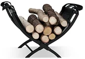 Akcesoria kominkowe - Relaxdays Kosz na drewno kominkowe z torbą z uchwytami, składany, żeliwo, składana, półka na gazety, wys. x szer. x gł.: 32 x 43,5 x 32 cm, czarna 10022301 - miniaturka - grafika 1