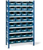 Regały biurowe - AJ Produkty Regał 500x1740x1000mm z 32 niebieskimi pojemnikami - miniaturka - grafika 1