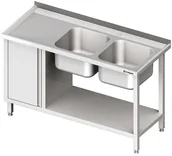 Stoły gastronomiczne - Stalgast Stół ze zlewem dwukomorowym (P) z szafką i półką 1400x700x850 mm 981057 - miniaturka - grafika 1