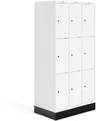 Meble do szkół i przedszkoli - AJ Produkty Szafka do szatni ROZ, 3 moduły, 9 drzwi, 1740x600x550 mm, biały, z podstawą - miniaturka - grafika 1