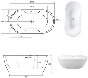 Besco Wanna wolnostojąca Navia 150x80 cm + maskownice syfonu w kolorze białym - Wanny - miniaturka - grafika 7