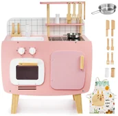 Zabawki AGD - Mamabrum Drewniana kuchnia retro z fartuszkiem i akcesoriami - różowa WOODEN KITCHEN 291 - miniaturka - grafika 1