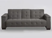 Sofy i kanapy - Vente-Unique 3-osobowa kanapa z prostym mechanizmem rozkładania z mikrofibry DEVONSHIRE z uchylnym stolikiem wbudowanym pośrodku oparcia - Kolor: szary - miniaturka - grafika 1