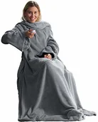 Koce - CelinaTex miękki koc z polaru (mikrofibry), z rękawami i z kieszenią na telefon komórkowy, wymiary 150 x 180 cm + 35 cm (kieszeń na stopy), srebrny 5000030 - miniaturka - grafika 1