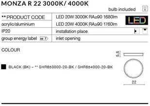 Azzardo Plafon LAMPA sufitowa MONZA SHR653000-20-BK natynkowa OPRAWA klasyczna okrągła LED 20W czarna SHR653000-20-BK - Lampy sufitowe - miniaturka - grafika 3
