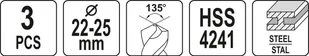 Yato KOMPLET WIERTEŁ DO METALU 3SZT 22-25MM - Wiertła - miniaturka - grafika 4