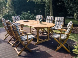 Beliani Zestaw ogrodowy drewniany 8-osobowy poduchy niebiesko-beżowe pasy MAUI - Meble ogrodowe Beliani Zestaw ogrodowy drewniany 8-osobowy poduchy niebiesko-beżowe pasy MAUI - Meble ogrodowe - miniaturka - grafika 1
