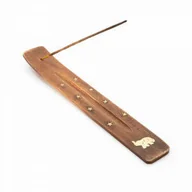 Świeczniki - Song Of India Drewniana podstawka pod kadzidła inkrustowana mosiężnymi zdobieniami ze Słoniem dł 26 - miniaturka - grafika 1