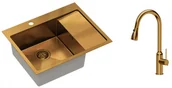 Zlewozmywaki z baterią - QUADRON Quadron Zlewozmywak stalowy jednokomorowy z ociekaczem RUSSEL 116 kolor miedziany z baterią JESSICA Q LINE z wyciąganą wylewką i funkcją prysznica - miniaturka - grafika 1