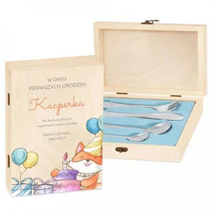 Murrano Zestaw Sztućców Dla Dzieci W Drewnianym Etui Nadruk Urodziny SZT-ANIMALS_DRW-UV-011 - Sztućce dla dzieci - miniaturka - grafika 2
